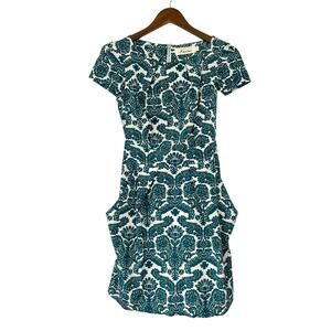 Inomi | Teal & White Damask Floral Pattern Pleated Pocket Tie Back Dress